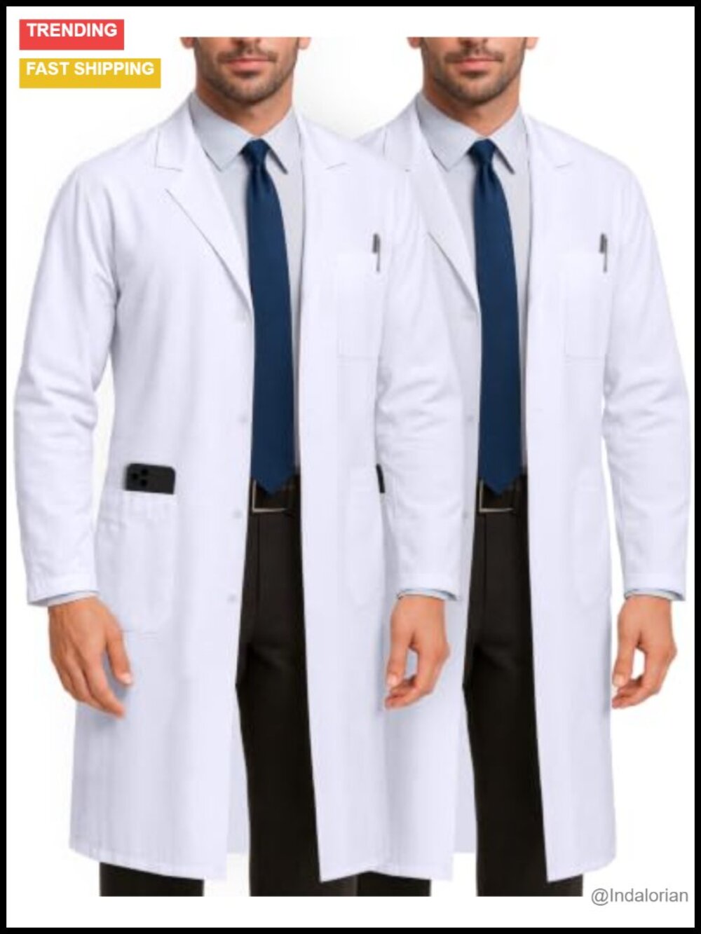 White Lab Coat Men Side Slit 3 Pockets Polyester Blend